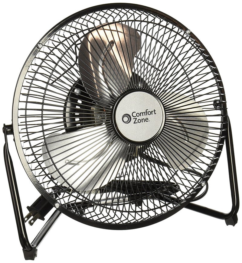Comfort Zone 9 inch Cradle Fan 3 Speed Floor or Table Fan with180 Degree Tilt Metal Construction and Aluminum Blades Carry Handle Rubber Feet Ideal for Bedroom Workshop or Garage Black