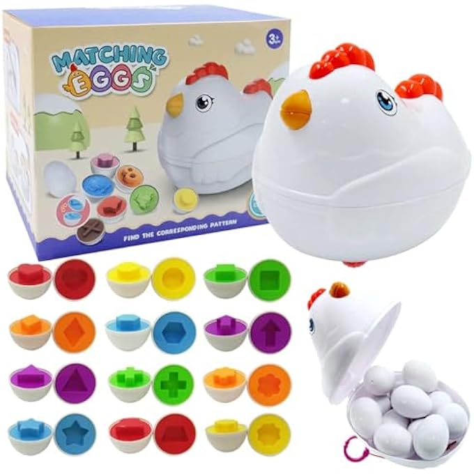 لعبة بيض عيد الفصح المتطابقة للأطفال مع صندوق دجاجة للدفع والسحب، 12 قطعة، لعبة تعليمية فرز مونتيسوري، أشكال وألوان متعددة، لعبة حسية لتطوير المهارات الحركية الدقيقة، هدية للأولاد والبنات - Image 4