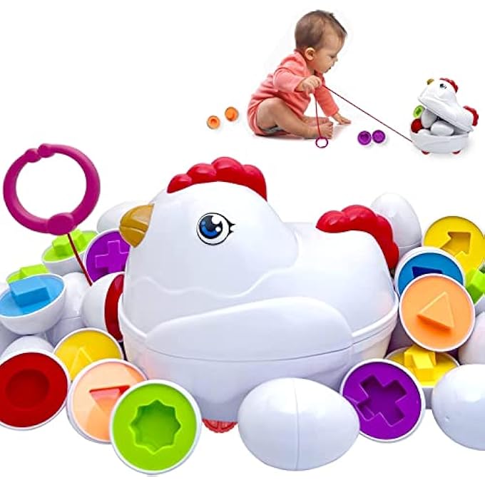 لعبة بيض عيد الفصح المتطابقة للأطفال مع صندوق دجاجة للدفع والسحب، 12 قطعة، لعبة تعليمية فرز مونتيسوري، أشكال وألوان متعددة، لعبة حسية لتطوير المهارات الحركية الدقيقة، هدية للأولاد والبنات - Image 1