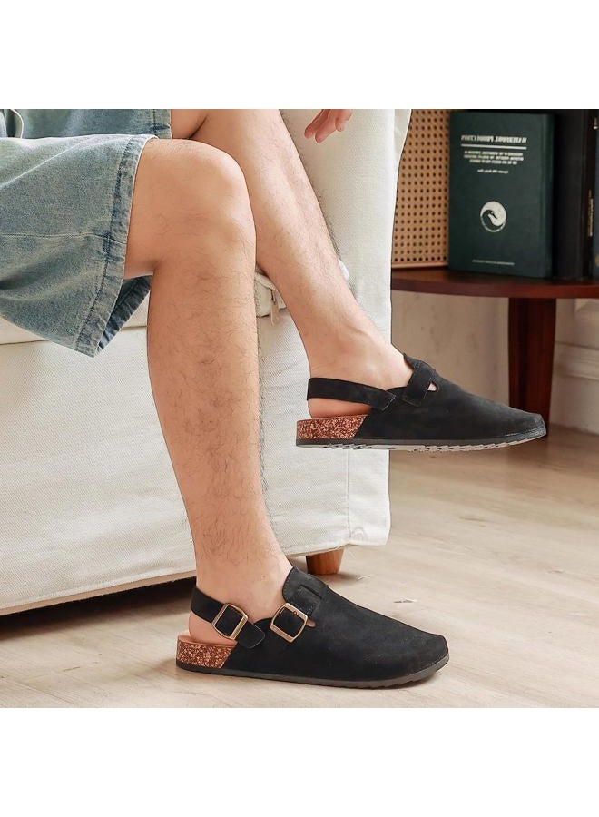 DDXYYDS Men's Suede Clogs with Back Strap Adjustable Cork Footbed Leather Mules Clogs for Women Comfort Memory Foam Slingback Clog Sandal with Buckle Slip on Potato Shoes, Black, 10 Women/9 Men - Image 2