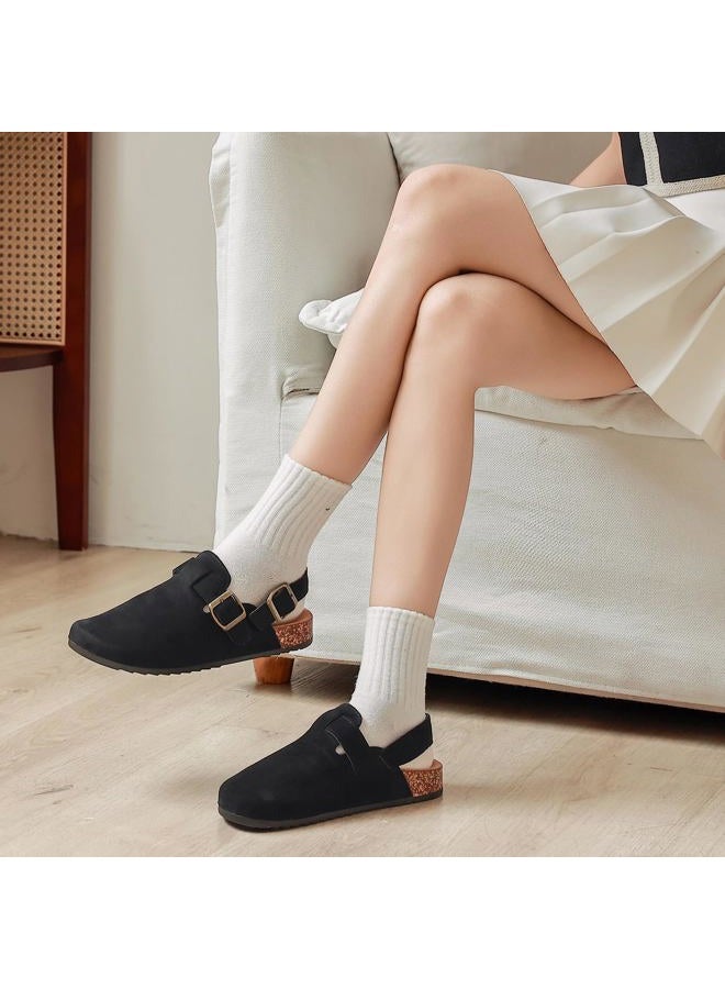 DDXYYDS Men's Suede Clogs with Back Strap Adjustable Cork Footbed Leather Mules Clogs for Women Comfort Memory Foam Slingback Clog Sandal with Buckle Slip on Potato Shoes, Black, 10 Women/9 Men - Image 3