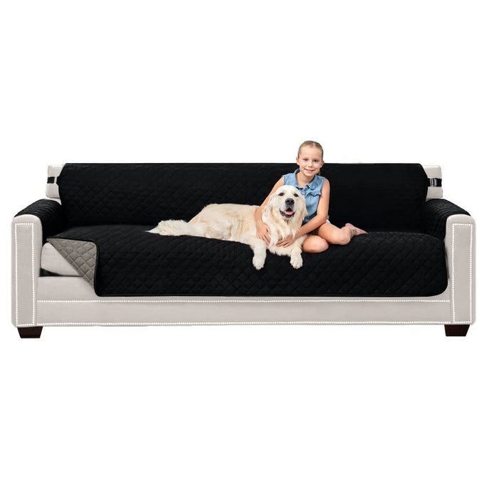 PATENTED COUCH SLIP COVER, LARGE CUSHION PROTECTOR, REVERSIBLE STAIN AND DOG TEAR RESISTANT SLIPCOVER, QUILTED MICROFIBER 88 SEAT, WASHABLE COVERS FOR DOGS PETS KIDS, BLACK GRAY