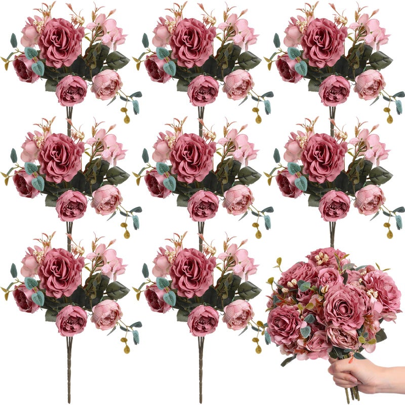 Yunsailing 8 Packs Artificial Peony Flowers Faux Silk Hydrangea Bouquet Vintage Wedding Home Table for Door Decor Reusable Bouquet of Rose Flowers for Valentine Wedding Birthday PartyDark Pink