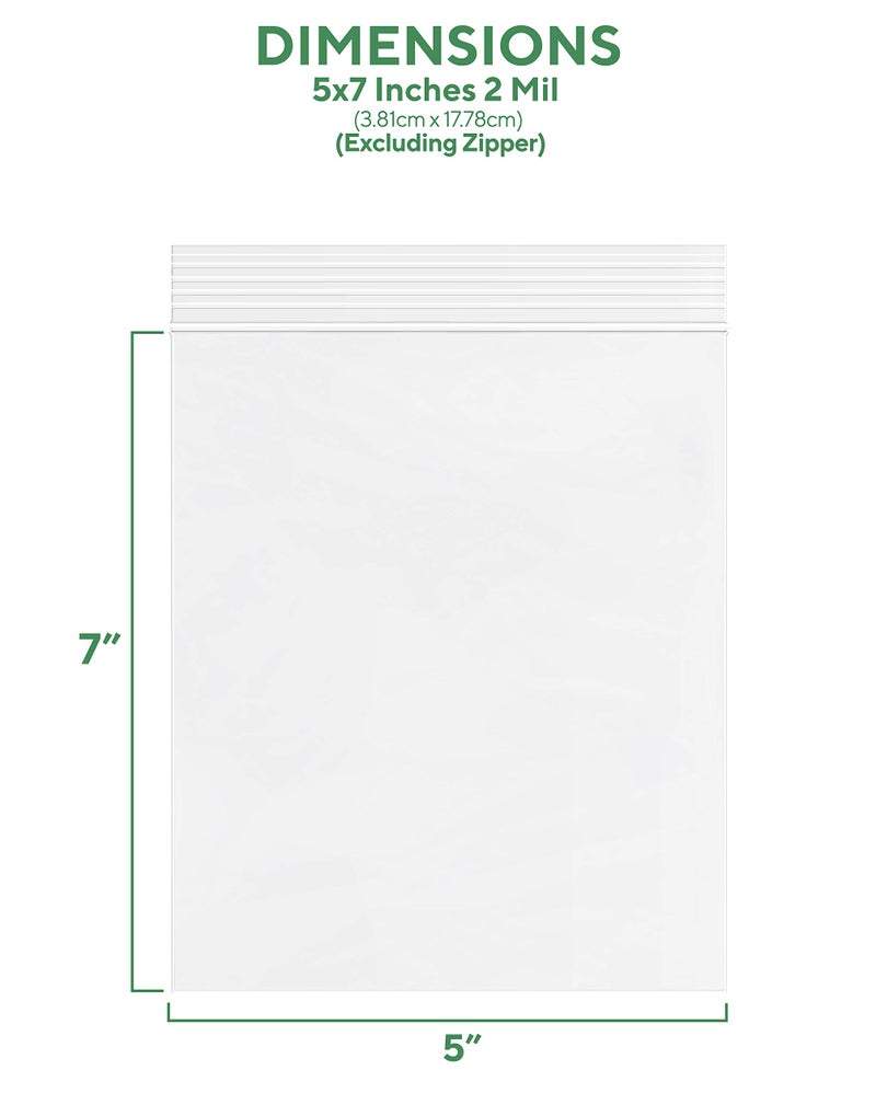 GPI Pack of 100 5" x 7" Clear Plastic Reclosable Zip Bags - Bulk 2 mil Thick Strong & Durable Poly Baggies With Resealable Zipper Top Lock & write-on white block, for storage, packaging & shipping - Image 2