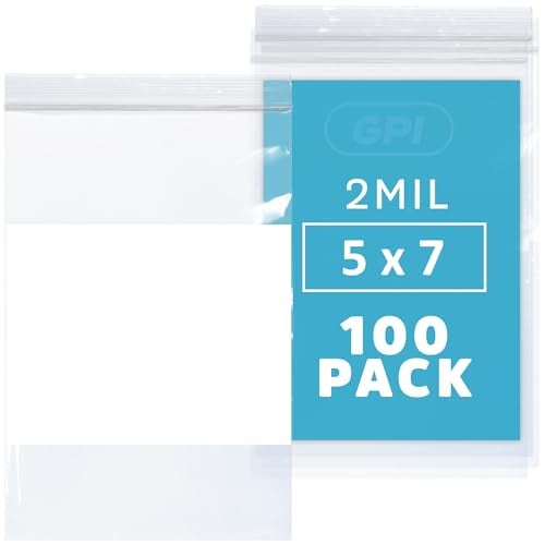 GPI Pack of 100 5" x 7" Clear Plastic Reclosable Zip Bags - Bulk 2 mil Thick Strong & Durable Poly Baggies With Resealable Zipper Top Lock & write-on white block, for storage, packaging & shipping - Image 1