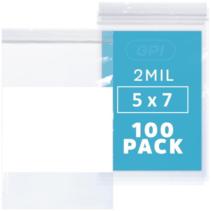 GPI Pack of 100 5" x 7" Clear Plastic Reclosable Zip Bags - Bulk 2 mil Thick Strong & Durable Poly Baggies With Resealable Zipper Top Lock & write-on white block, for storage, packaging & shipping - Image 5