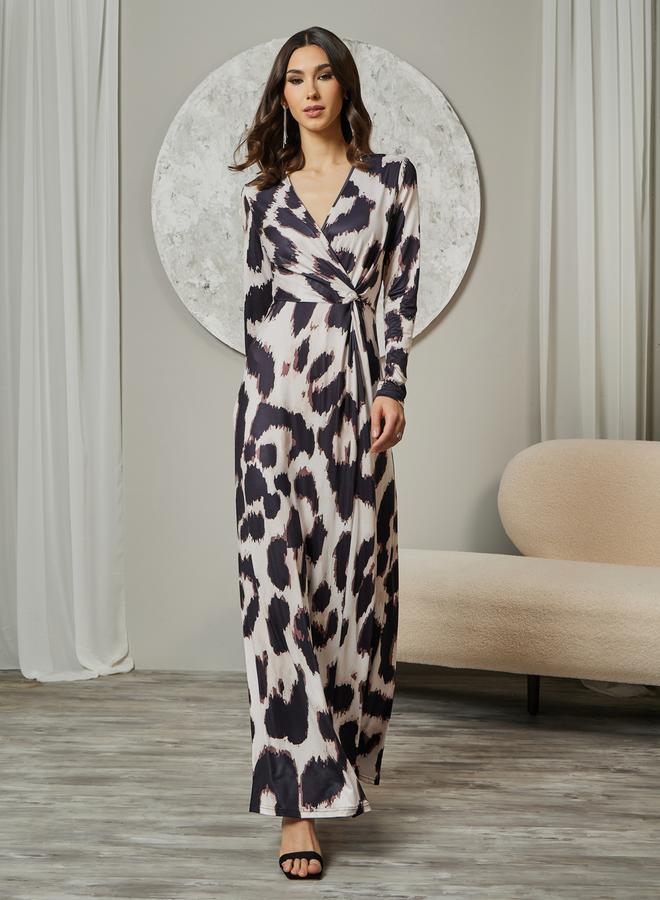 Styli Leopard Print V Neck Wrap Front Maxi Dress - Image 1