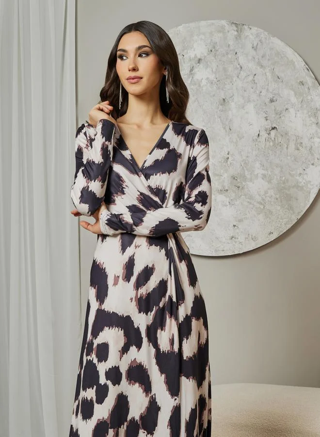Styli Leopard Print V Neck Wrap Front Maxi Dress
