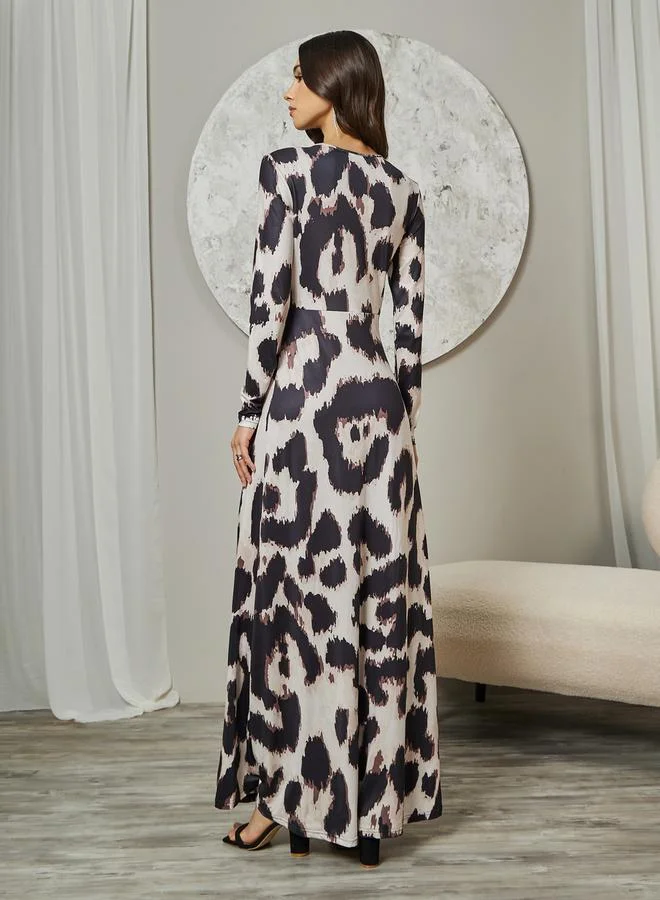Styli Leopard Print V Neck Wrap Front Maxi Dress