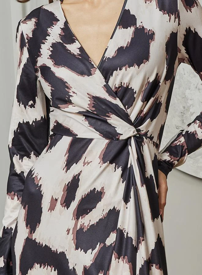 Styli Leopard Print V Neck Wrap Front Maxi Dress