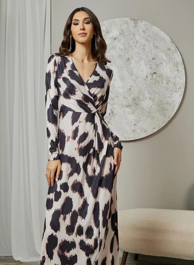 Styli Leopard Print V Neck Wrap Front Maxi Dress