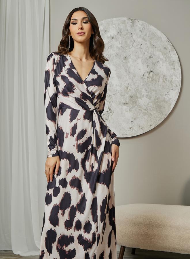 Styli Leopard Print V Neck Wrap Front Maxi Dress - Image 2