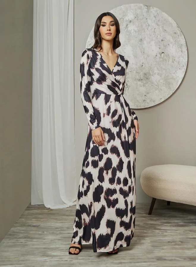 Styli Leopard Print V Neck Wrap Front Maxi Dress