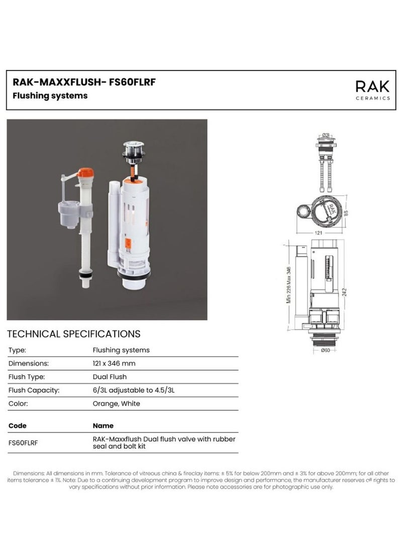 RAK CERAMICS - Rak Ceramics Rak-Maxxflush Dual Flush Valve | For Toilet Cisterns With Rubber Seal & Bolt | Water Saving Cisterns Flush System (FS60FLRF) - Image 1