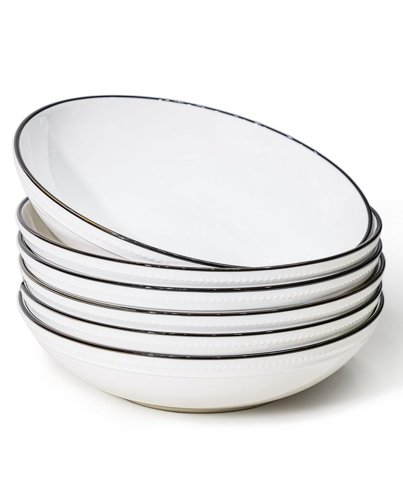 Yeacccng White Pasta Bowls Set of 6, 9.25 Inch 50 Oz Large Ceramic Soup Salad Bowls, Black Rim Minimalist Design, Lead-Free Cadmium-Free, Dishwasher Microwave Oven Safe, Scratch-Resistant - Image 1