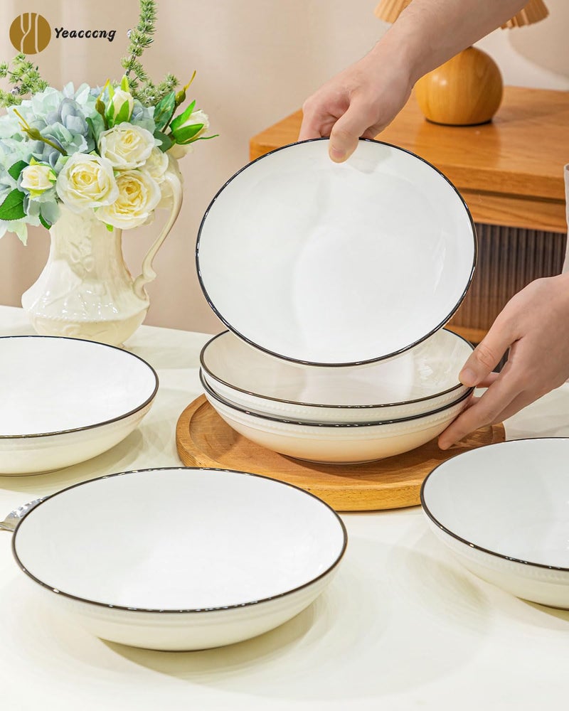 Yeacccng White Pasta Bowls Set of 6, 9.25 Inch 50 Oz Large Ceramic Soup Salad Bowls, Black Rim Minimalist Design, Lead-Free Cadmium-Free, Dishwasher Microwave Oven Safe, Scratch-Resistant - Image 2