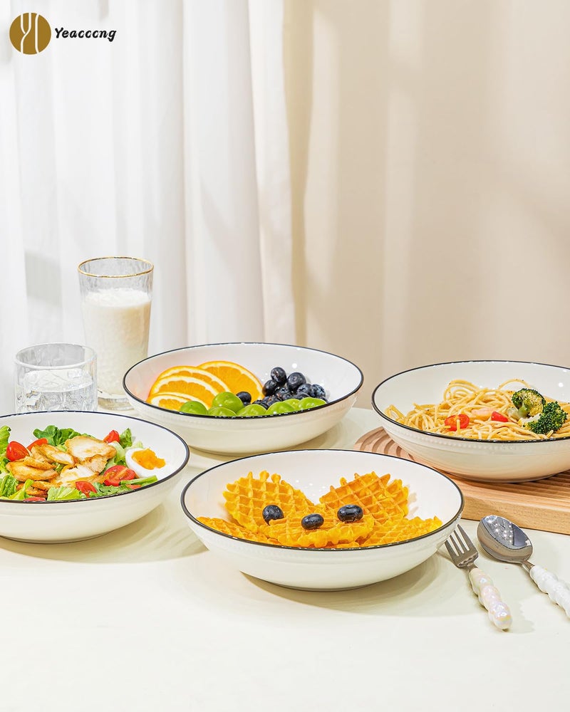 Yeacccng White Pasta Bowls Set of 6, 9.25 Inch 50 Oz Large Ceramic Soup Salad Bowls, Black Rim Minimalist Design, Lead-Free Cadmium-Free, Dishwasher Microwave Oven Safe, Scratch-Resistant - Image 4