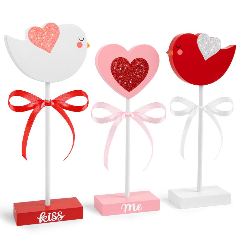 Hedeey 3 Pieces Valentines Day Tiered Tray Decor Set, Cute Wooden Bird Valentines Day Table Decor, Pink Valentines Day Decorations for Home Tables (Bird) - Image 1
