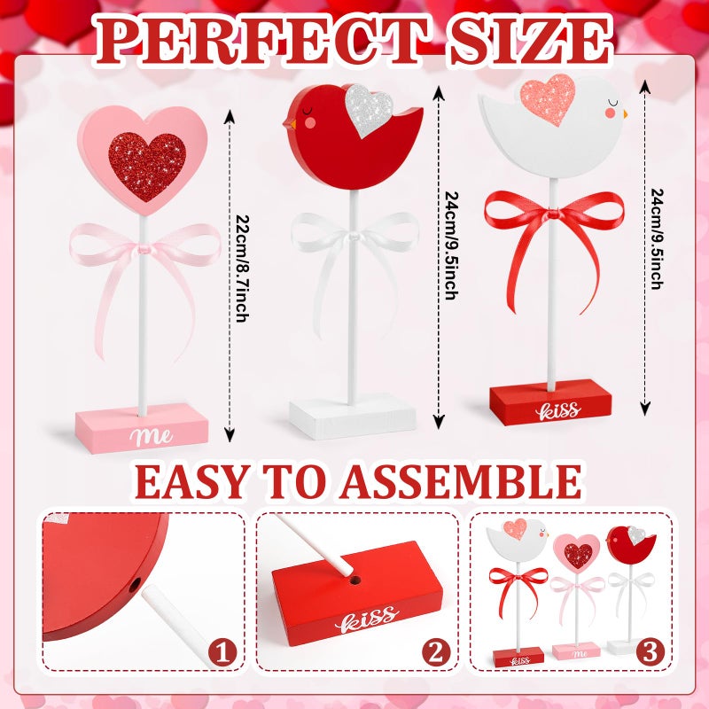 Hedeey 3 Pieces Valentines Day Tiered Tray Decor Set, Cute Wooden Bird Valentines Day Table Decor, Pink Valentines Day Decorations for Home Tables (Bird) - Image 3