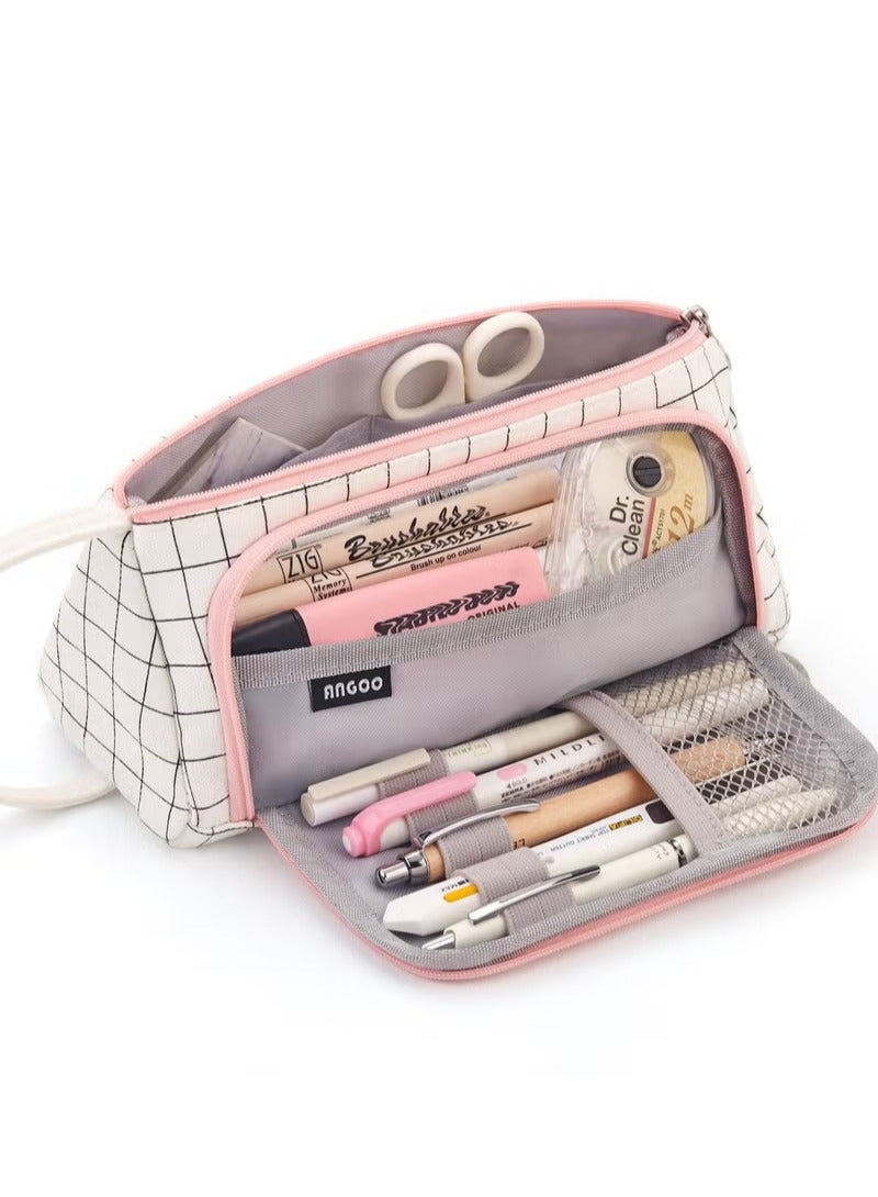 نيفيو حقيبة تخزين قماشية ملونة كبيرة السعة، حافظة أقلام تحديد، حقيبة قرطاسية بسيطة، حامل لطلاب المدارس المتوسطة والثانوية والجامعية، هدية عيد الميلاد باللون الأبيض المنقوش - Image 1