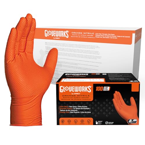 GLOVEWORKS HD Orange Nitrile Gloves Small 8 mil Nitrile Disposable Gloves with Raised Diamond Texture Case of 1000 Gloves