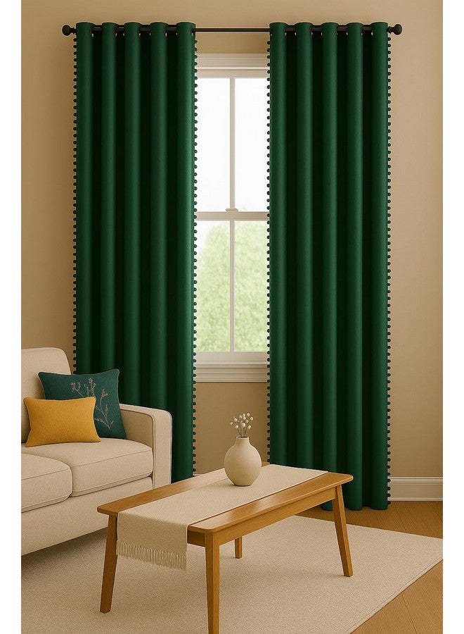 STITCHNEST Premium Velvet Semi Blackout Curtains with Pom Pom - Pack of 1 Door Curtains, Elegant Green Color for Bedroom & Living Room (Size: 7ft) - Image 2
