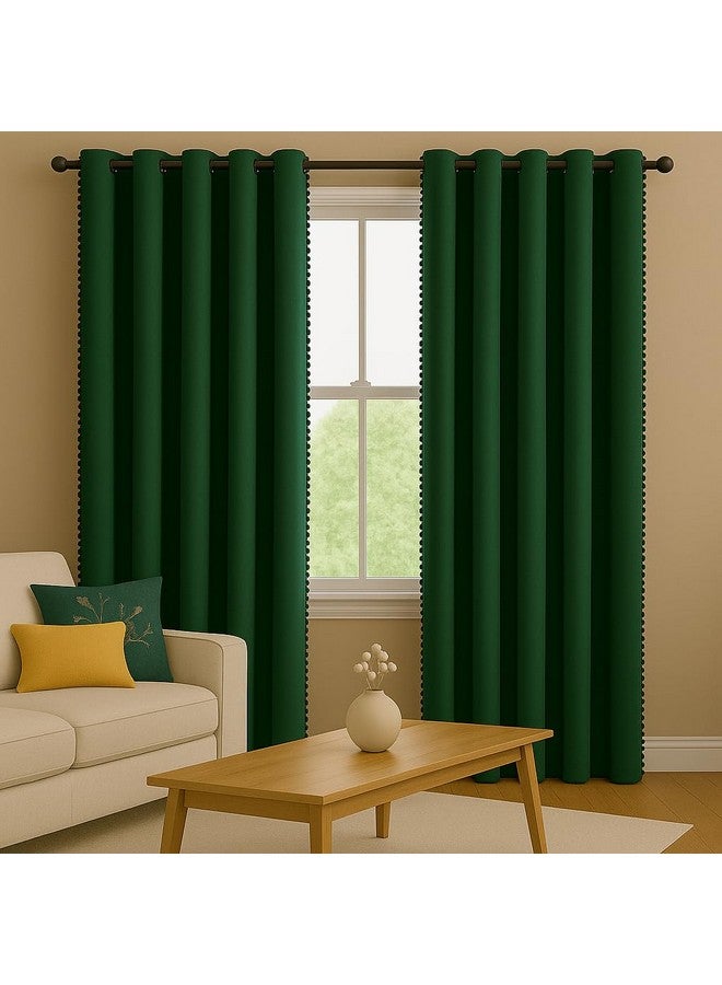 STITCHNEST Premium Velvet Semi Blackout Curtains with Pom Pom - Pack of 1 Door Curtains, Elegant Green Color for Bedroom & Living Room (Size: 7ft) - Image 1
