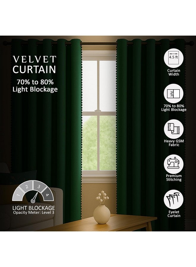 STITCHNEST Premium Velvet Semi Blackout Curtains with Pom Pom - Pack of 1 Door Curtains, Elegant Green Color for Bedroom & Living Room (Size: 7ft) - Image 5