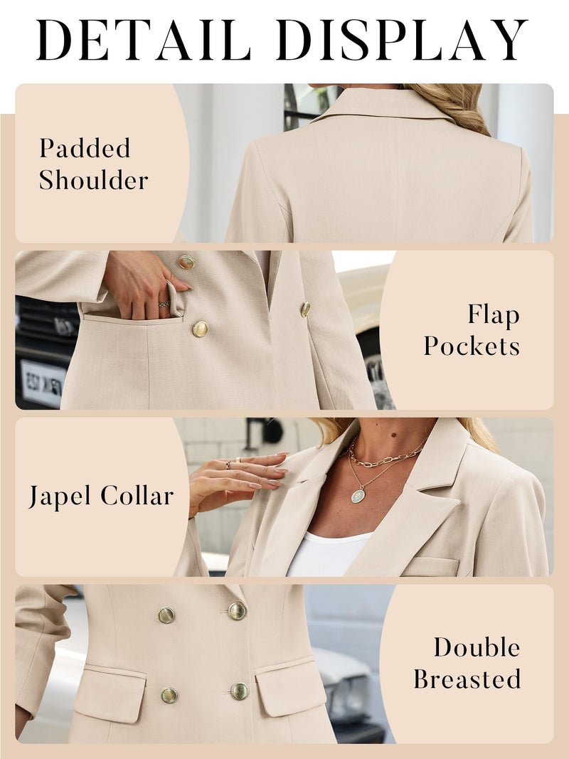 ELLEVEN Womens Blazer Business Casual Suit Slim Fit Blazers for Women Double Breasted Bottons Jackets Long Sleeve Outfits Dressy Coat Cardigan with Padded Shoulder Khaki Large - Image 5