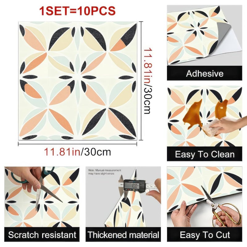 هوميتيتوت 10 قطع 12×12 بوصة بلاط أرضيات بوهو حديث بتصميم بتلات زهور، قابل للتقشير واللصق، قابل للإزالة، ذاتي اللصق، ملصقات فينيل للأرضيات DIY للمطبخ والحمام وغرفة المعيشة والمدخل وديكور المنزل - Image 3