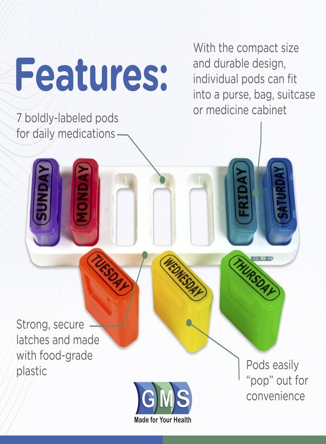 GMS Weekly Pill Organizer - 7 Day Pop Out Pill Pods for Supplements, Vitamins & Medications - Ideal for Daily Use & Travel - Rainbow - Image 2