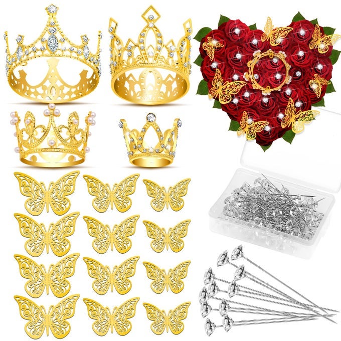 GOLD CROWNS FOR FLOWER BOUQUETS FLOWER BOUQUET ACCESSORIES INCLUDING 4 PCS BOUQUET CROWN 12 PCS BUTTERFLY DECORATIONS AND 50 PCS FLOWER PINS FOR BIRTHDAY WEDDING BABY SHOWER