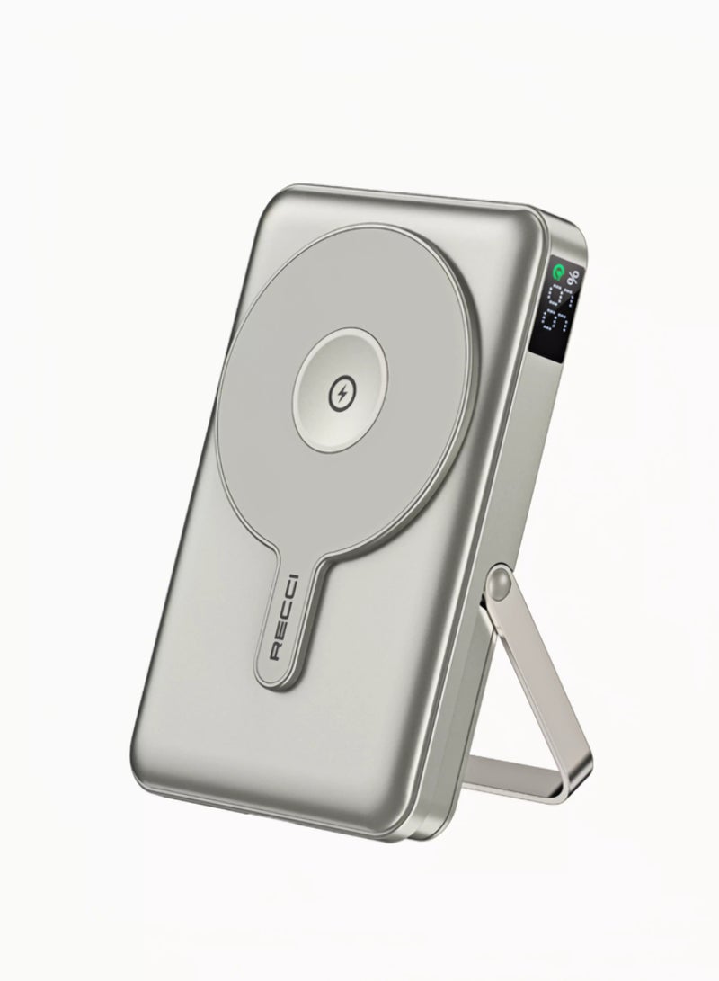 Recci Power Bank 10000mAh PD 20W with Built-In Cables and Wireless 15W Fast Charging External Battery Pack Large Capacity Portable Charger Phone Stand 2 in 1 with LED Power Display Compatible for iPhone15 16 Pro Max, Samsung, Huawei, Xiaomi - Image 1