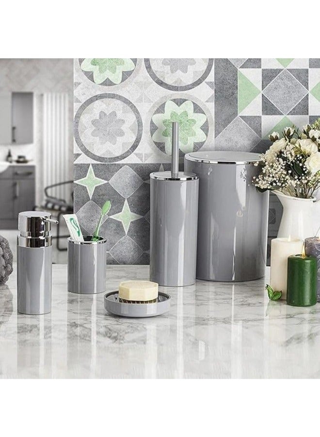 Primanova Lenox Acrylic 5 Piece Bathroom Accessory Set (6 Liter Basket-Liquid Soap Dispenser-Soap Holder-Toilet Cleaning Brush-Toothbrush & Toothpaste Holder ) -Grey With Silver Fram - Image 1