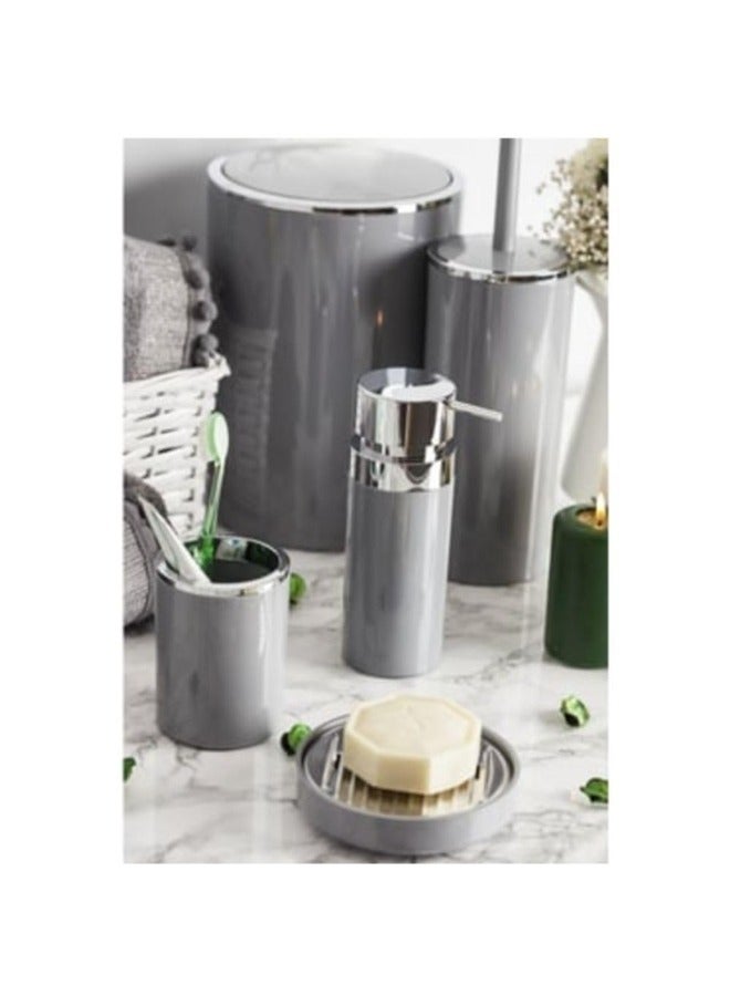 Primanova Lenox Acrylic 5 Piece Bathroom Accessory Set (6 Liter Basket-Liquid Soap Dispenser-Soap Holder-Toilet Cleaning Brush-Toothbrush & Toothpaste Holder ) -Grey With Silver Fram - Image 2