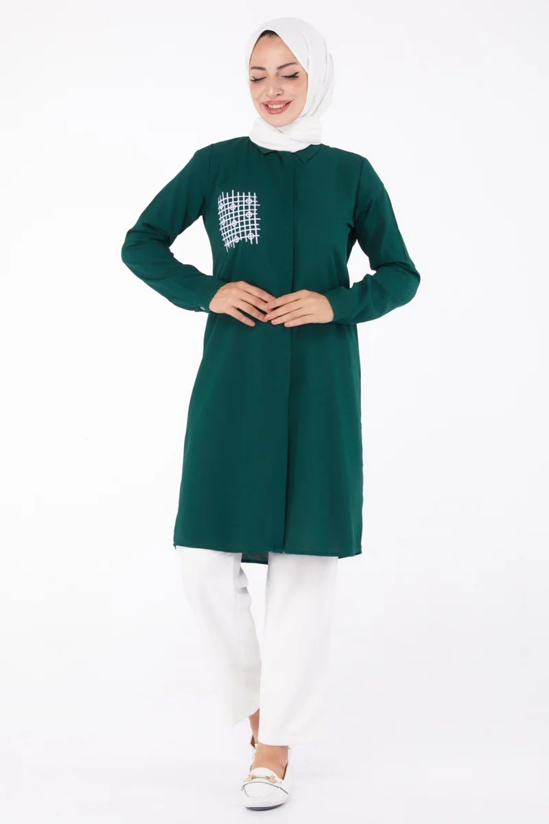 Tofisa Plain Shirt Collar Women's Emerald Pocket Embroidered Detail Tunic - 13123
