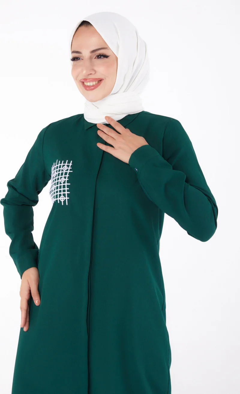 Tofisa Plain Shirt Collar Women's Emerald Pocket Embroidered Detail Tunic - 13123