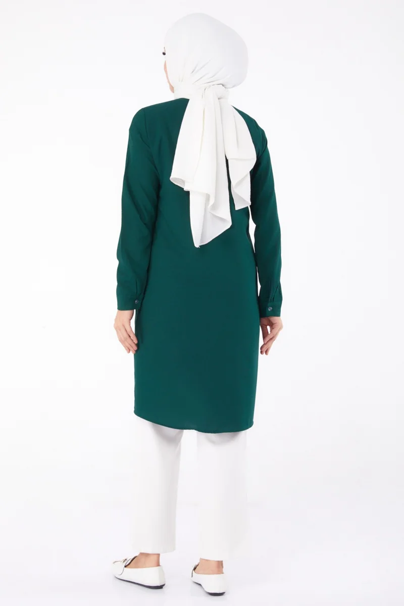 Tofisa Plain Shirt Collar Women's Emerald Pocket Embroidered Detail Tunic - 13123
