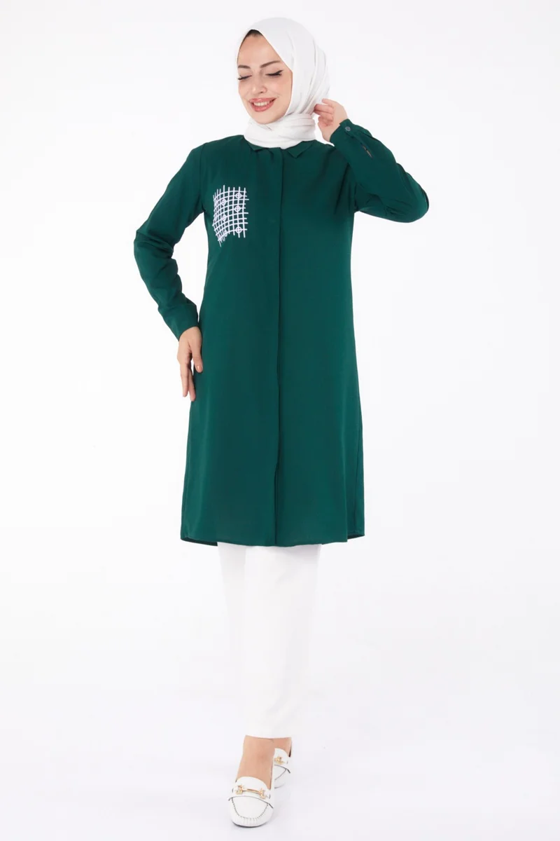 Tofisa Plain Shirt Collar Women's Emerald Pocket Embroidered Detail Tunic - 13123