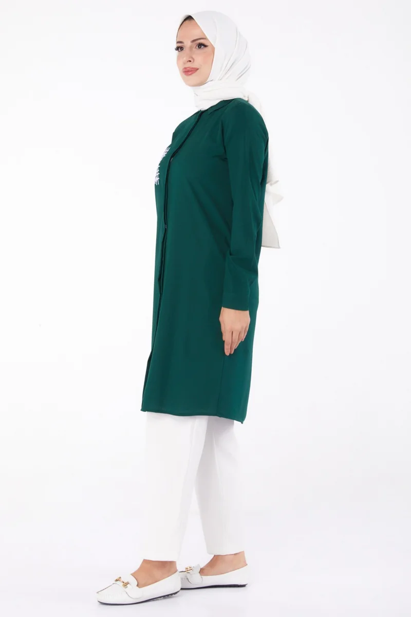 Tofisa Plain Shirt Collar Women's Emerald Pocket Embroidered Detail Tunic - 13123