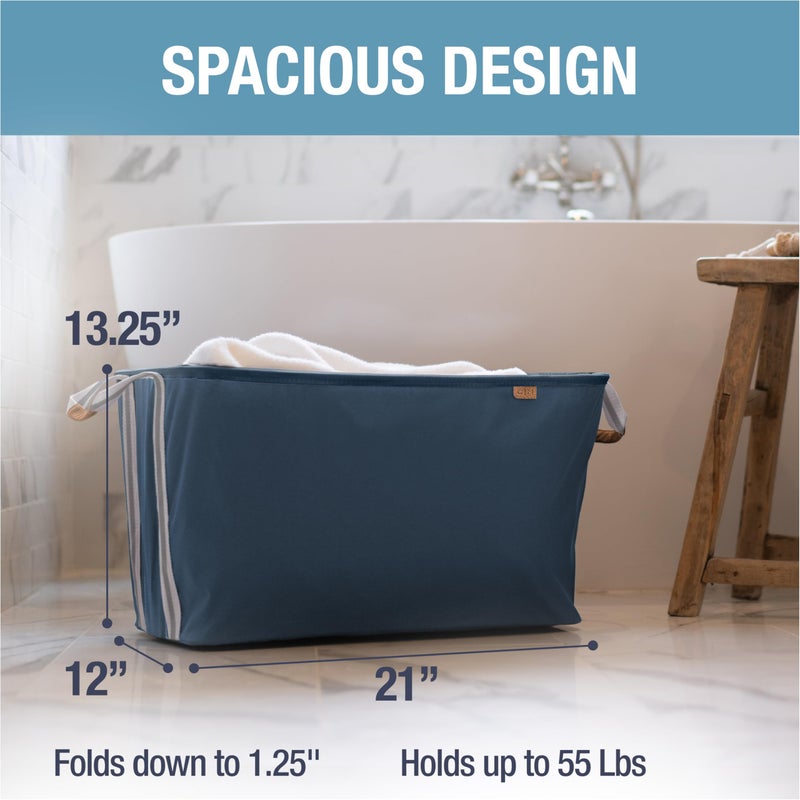 CleverMade Collapsible Laundry Basket LUXE 2 Pack â€“ 60 L (16 Gal) Foldable Cotton Blend Clothes Hamper with Vegan Leather Accents, Reinforced Handles, Space Saving Laundry Bin Holds 55 lbs - Navy - Image 3