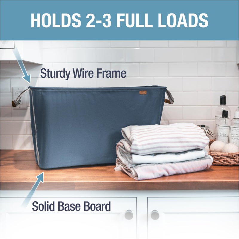 CleverMade Collapsible Laundry Basket LUXE 2 Pack â€“ 60 L (16 Gal) Foldable Cotton Blend Clothes Hamper with Vegan Leather Accents, Reinforced Handles, Space Saving Laundry Bin Holds 55 lbs - Navy - Image 2