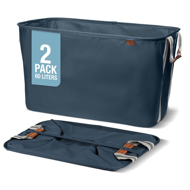 CleverMade Collapsible Laundry Basket LUXE 2 Pack â€“ 60 L (16 Gal) Foldable Cotton Blend Clothes Hamper with Vegan Leather Accents, Reinforced Handles, Space Saving Laundry Bin Holds 55 lbs - Navy - Image 1