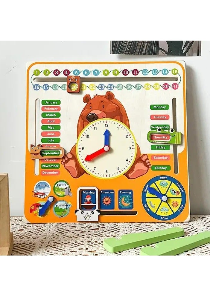 Wooden Bear Multifunctional Calendar Clock, Montessori Time Cognitive Teaching Aids, English Enlightenment Educational Toys For Kids  - Image 5