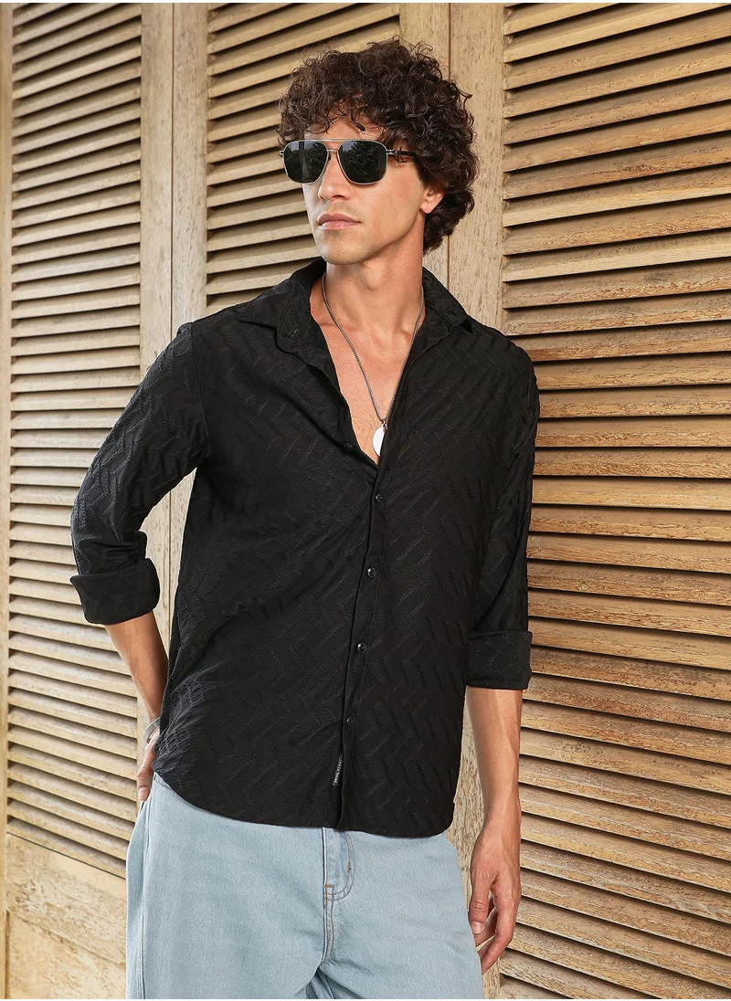 كامبوس سوترا Men's Obsidian Black Herringbone-Tactile Shirt