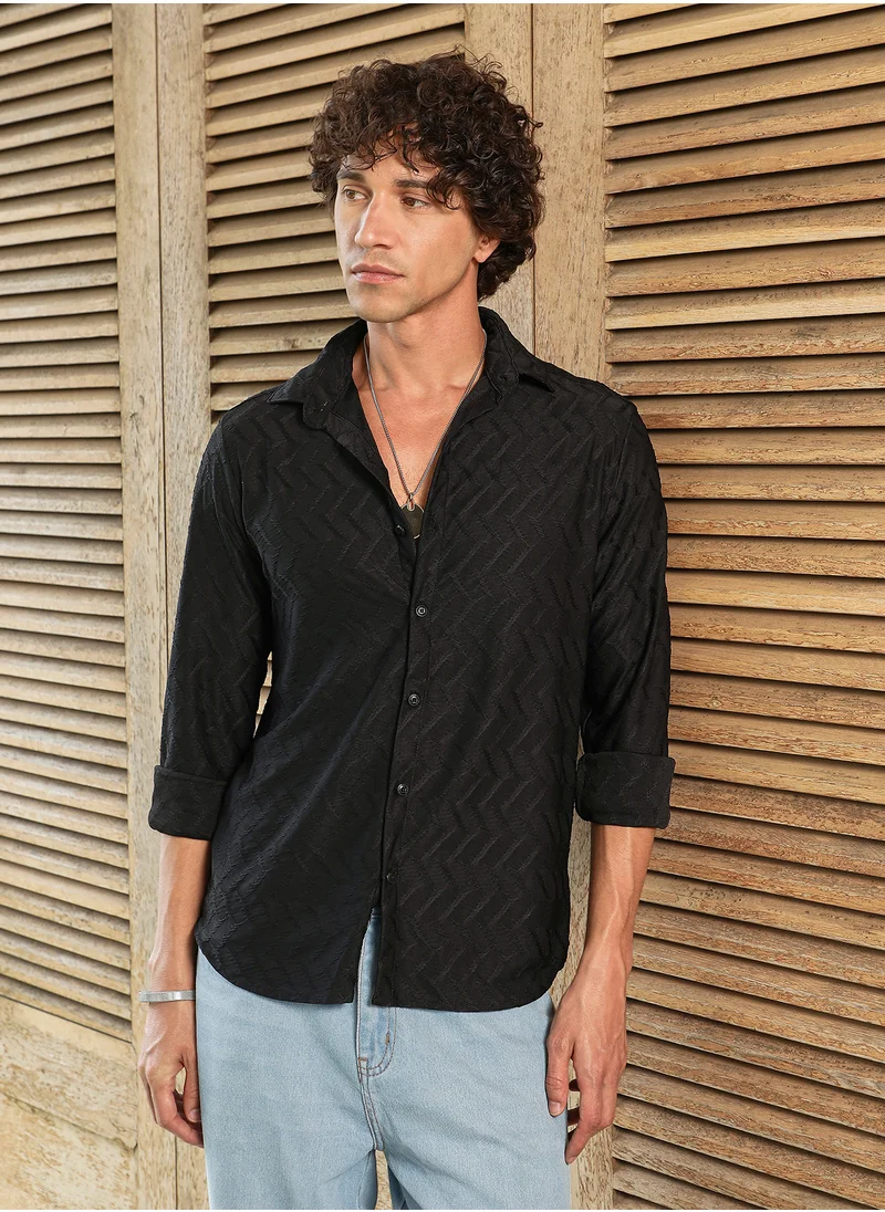 كامبوس سوترا Men's Obsidian Black Herringbone-Tactile Shirt