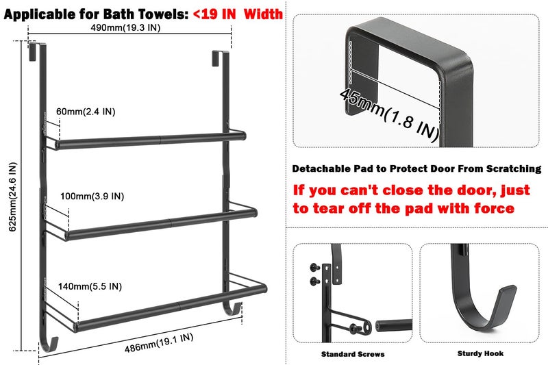 Livabber 3-Tier Over The Door Towel Rack, All Metal Towel Rack with Hooks for Door Hanging, Behind Door Towel Bar Towel Storage Holder for Bathroom Accessories, Black (19.37" L x 5.9" W x 24.4" H) - Image 2