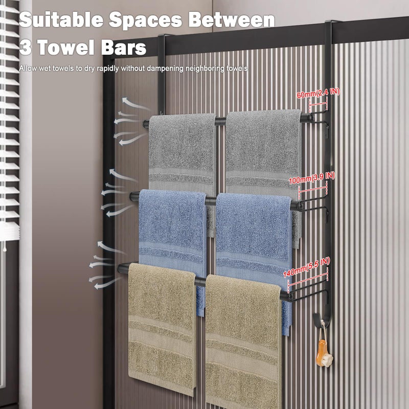 Livabber 3-Tier Over The Door Towel Rack, All Metal Towel Rack with Hooks for Door Hanging, Behind Door Towel Bar Towel Storage Holder for Bathroom Accessories, Black (19.37" L x 5.9" W x 24.4" H) - Image 5