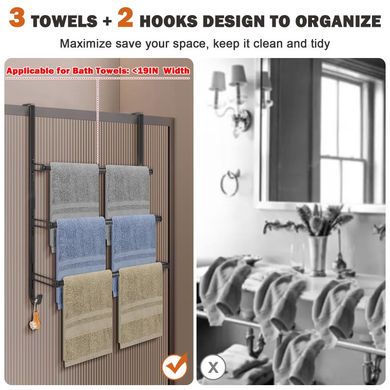Livabber 3-Tier Over The Door Towel Rack, All Metal Towel Rack with Hooks for Door Hanging, Behind Door Towel Bar Towel Storage Holder for Bathroom Accessories, Black (19.37" L x 5.9" W x 24.4" H) - Image 4