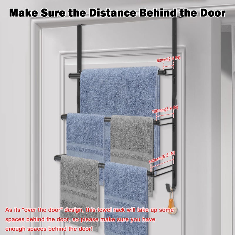 Livabber 3-Tier Over The Door Towel Rack, All Metal Towel Rack with Hooks for Door Hanging, Behind Door Towel Bar Towel Storage Holder for Bathroom Accessories, Black (19.37" L x 5.9" W x 24.4" H) - Image 3
